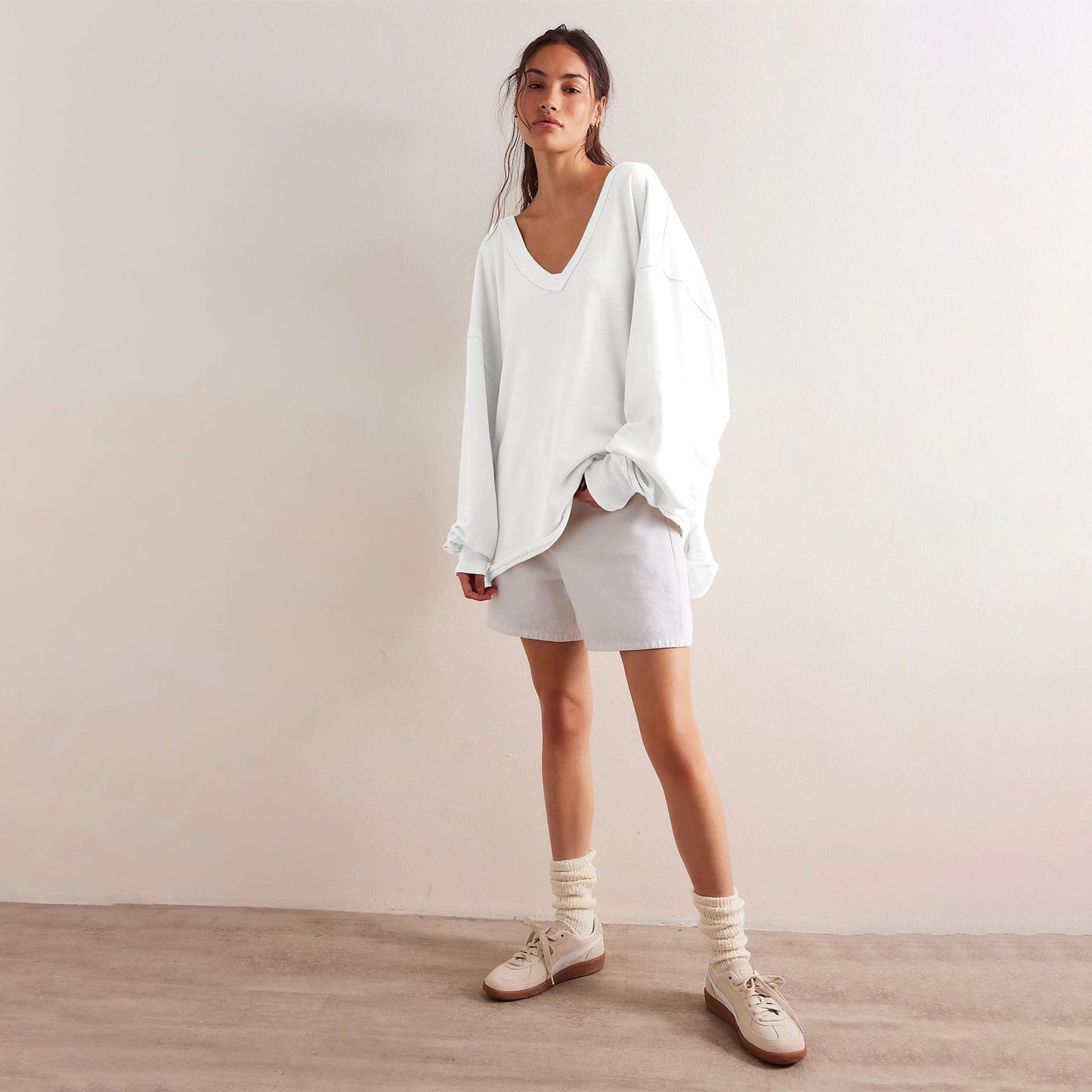 Damen Oversized Sweatshirt V-Ausschnitt Lässiger Schnitt Beige