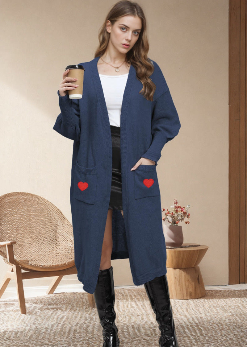 Damen Langarm Strickjacke Herzen Offene Taschen Norvielle