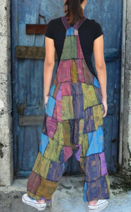 Damen Latzhose Patchwork-Stil Weite Beine Praktische Taschen Norvielle