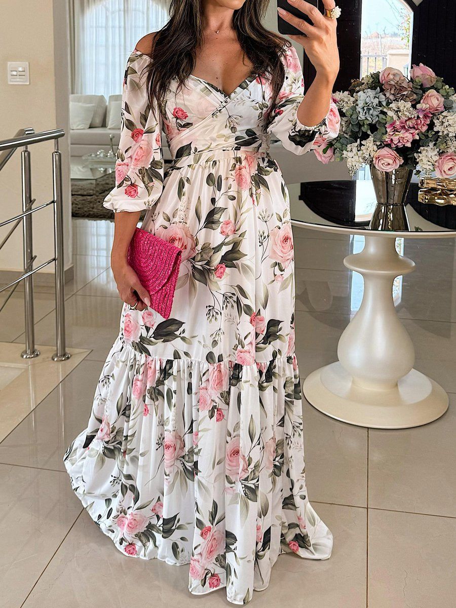 Damen Maxikleid Schulterfrei Floralmuster Rüschensaum Norvielle