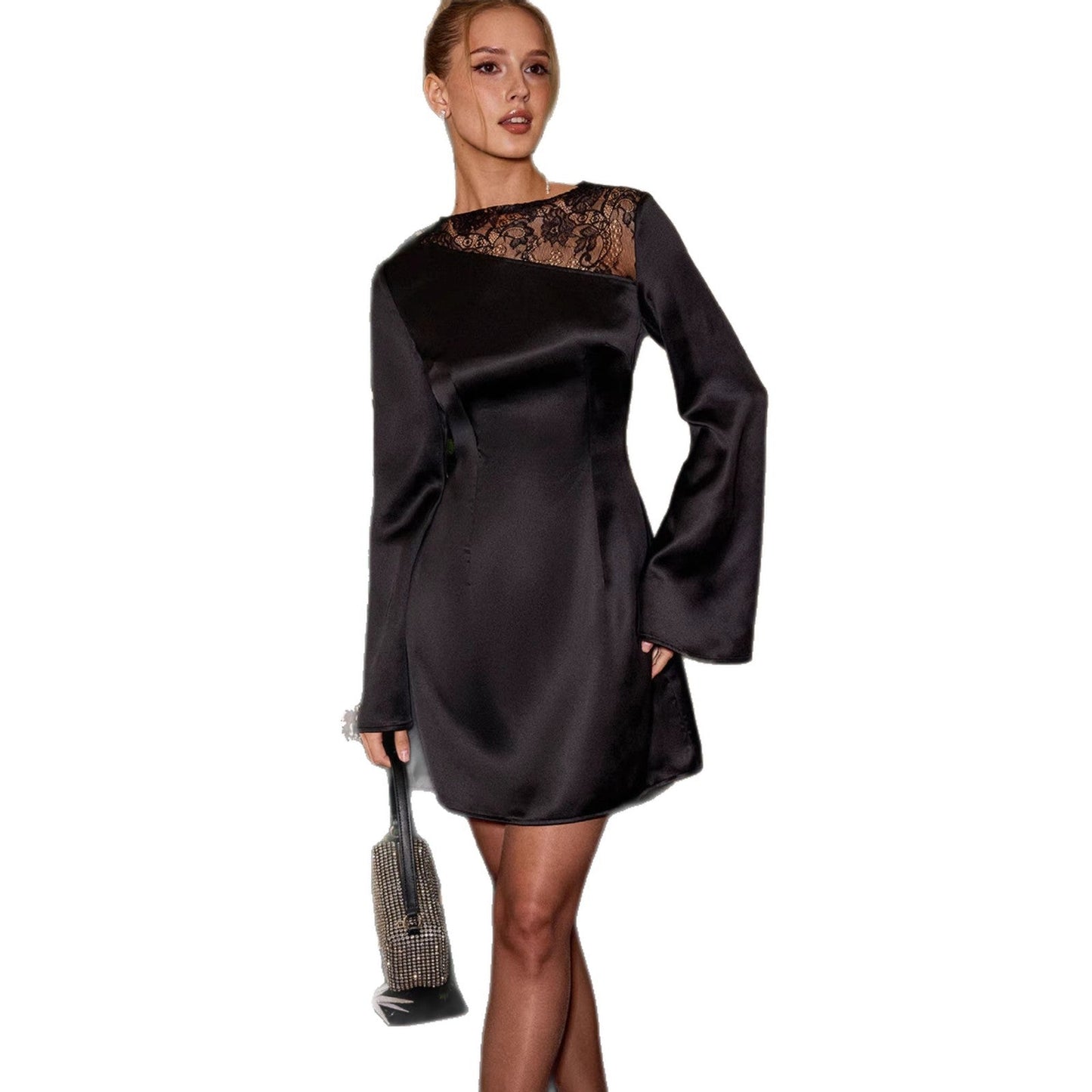 Damen Minikleid Chiffon Spitzenbesatz Voluminöse Ärmel Norvielle