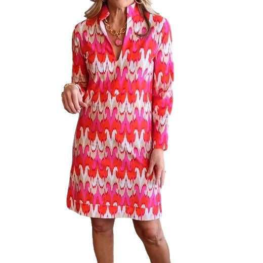 Damen Hemdblusenkleid Modernes Muster Elegante Taillierung