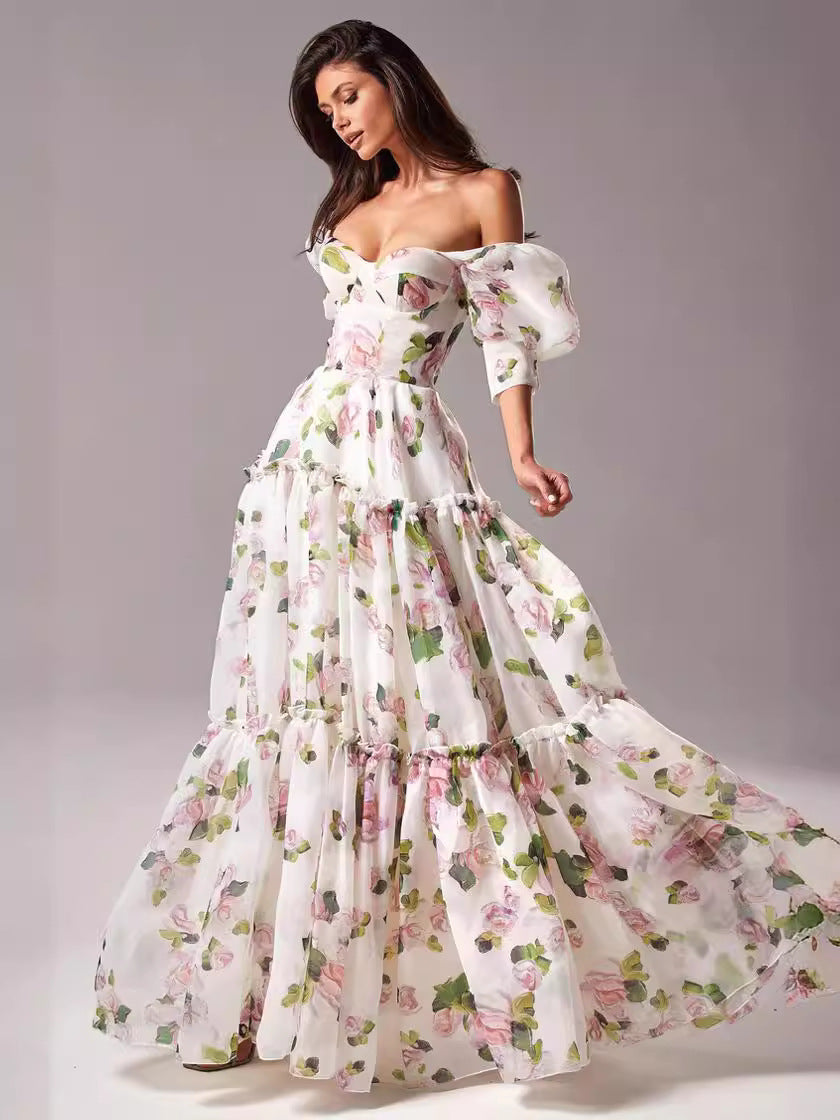 Damen Maxikleid Schulterfrei Rüschenärmel Floralmuster