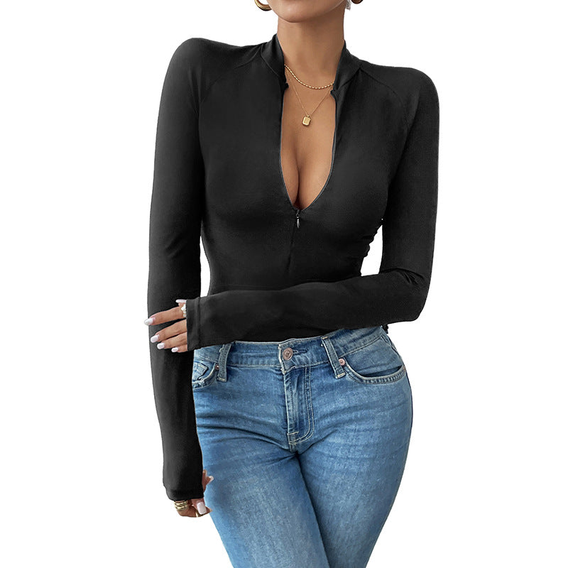 Damen Langarmshirt Reißverschluss V-Ausschnitt Norvielle