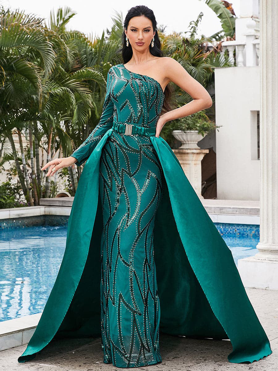 Damen Maxikleid Glitzernd Cape Elegant