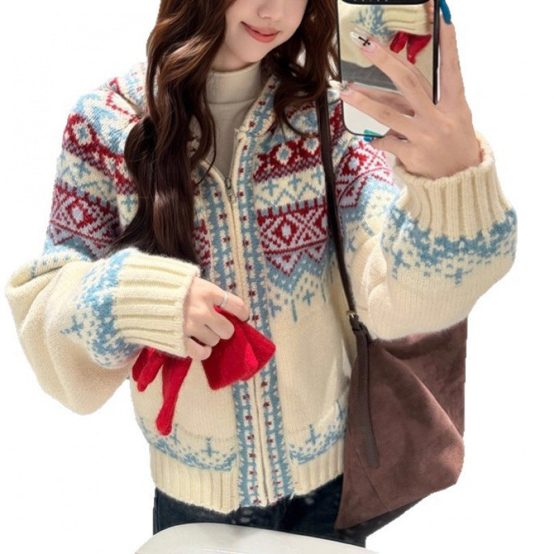 Damen Strickjacke Nordisches Muster V-Ausschnitt Norvielle