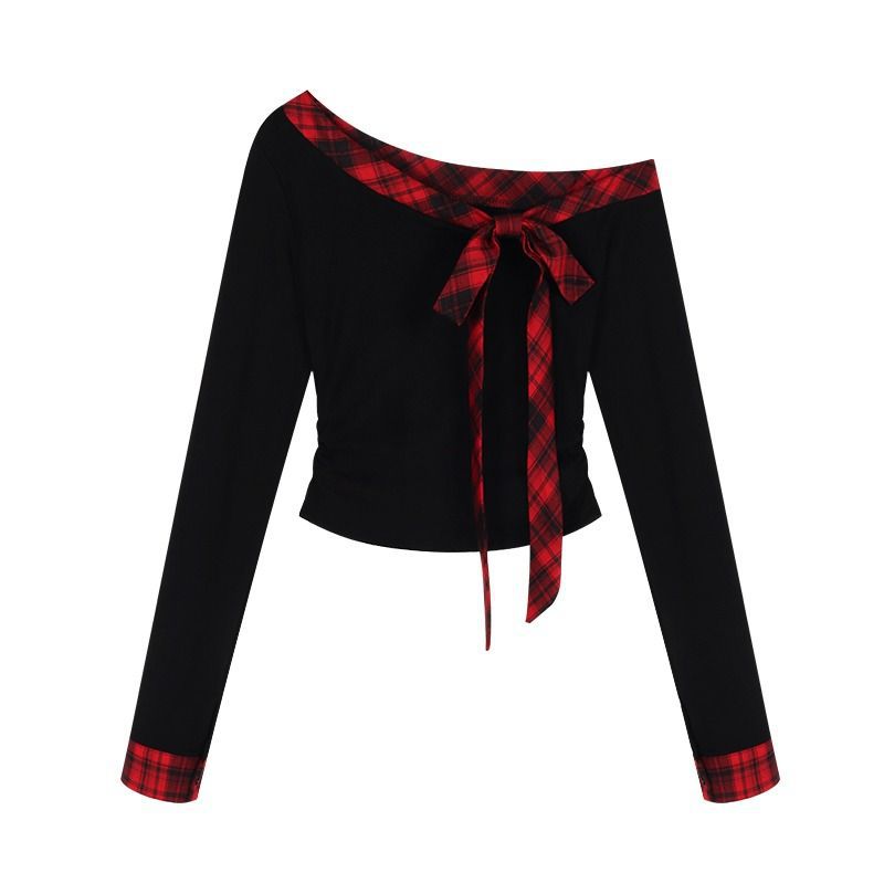 Damen Off-Shoulder Crop- mit kariertem Muster und Schleife