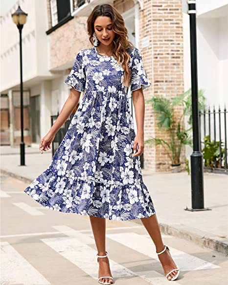 Damen Midikleid Floralmuster Volantabschluss
