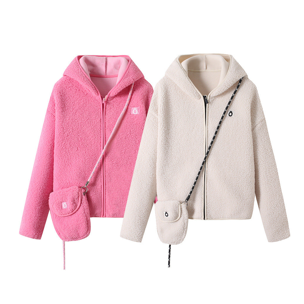 Damen Fleecejacke mit Kapuze und Umhängetasche Kuschelig Grün