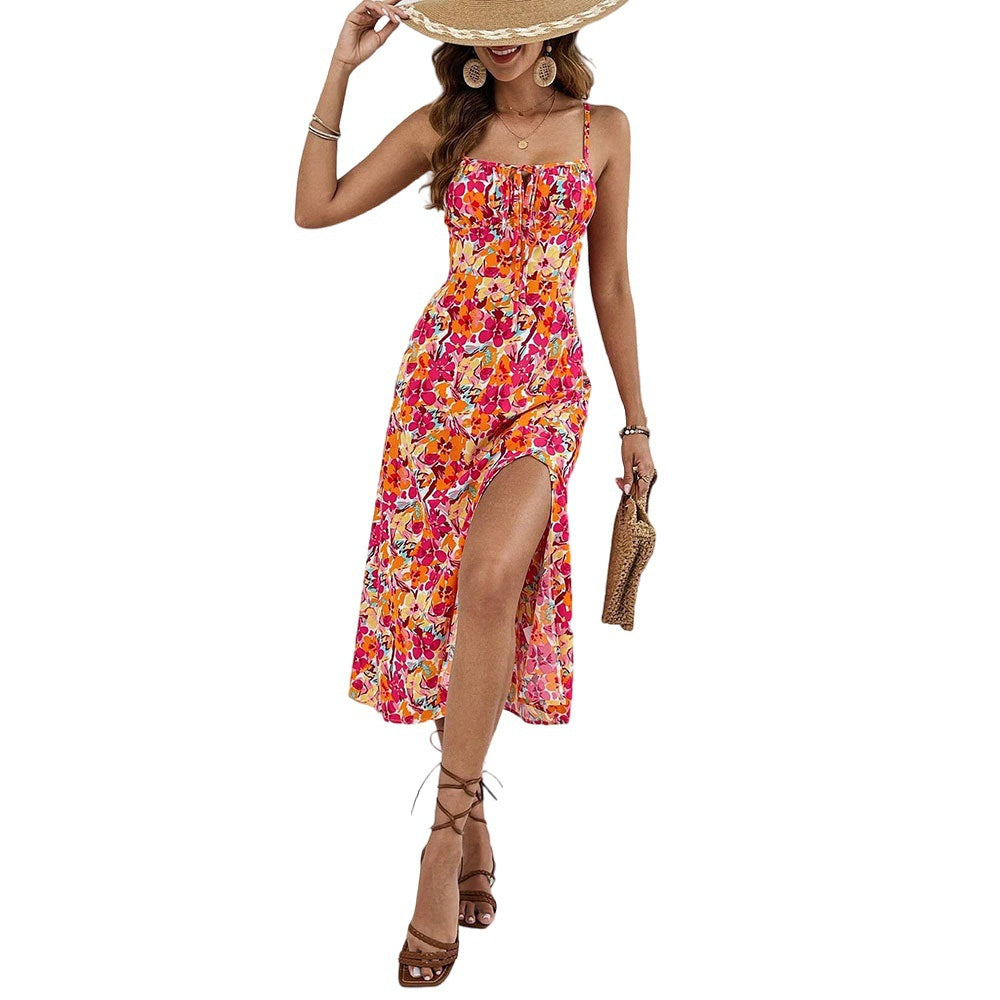 Damen Midi-Kleid Blumenmuster Spaghettiträger Seitenschlitz
