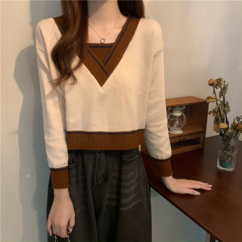 Damen V-Ausschnitt Pullover Kontrastdetails Norvielle