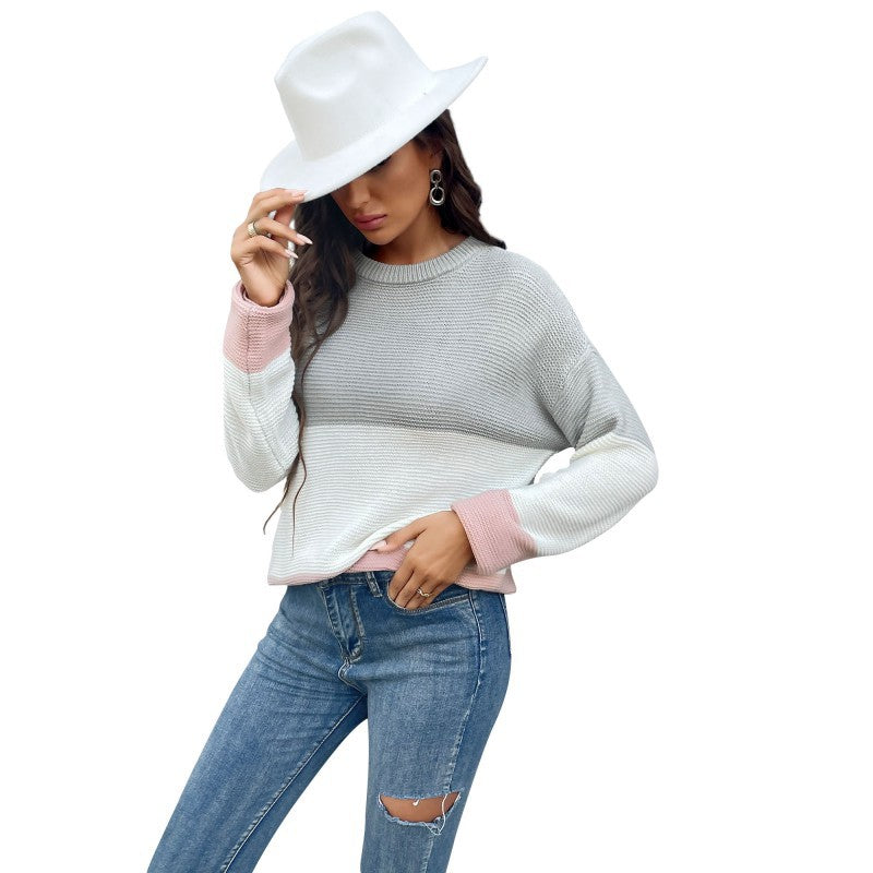 Damen Strickpullover Farbblock-Design Leichter Rundhals Norvielle