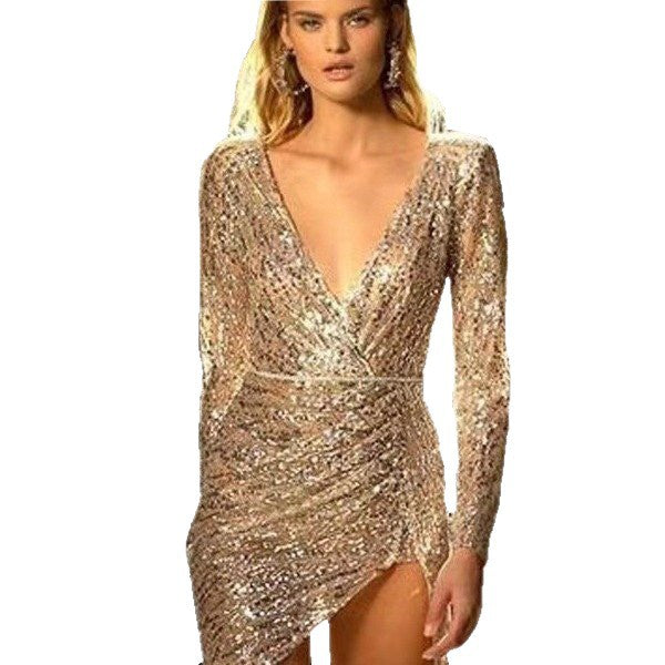 Damen Minikleid Glitzernd V-Ausschnitt Asymmetrisch