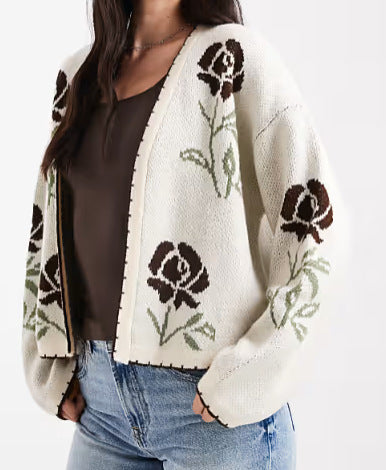Damen Strickjacke Floralmuster Elegantes Design Norvielle