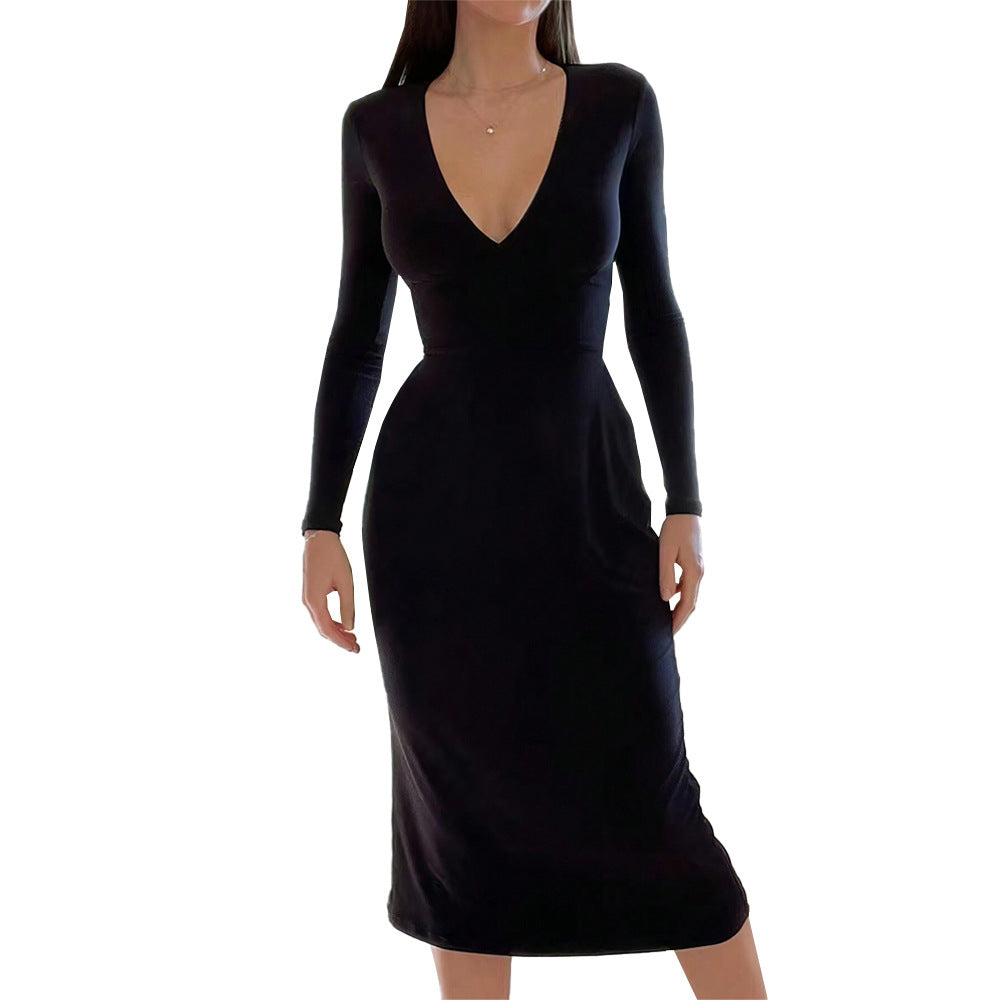 Damen Midi-Kleid V-Ausschnitt Langarm