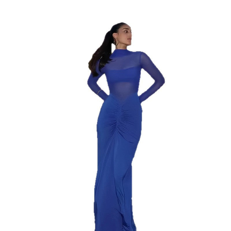 Damen Elegantes Maxikleid mit transparenten Ärmeln und Drapierung