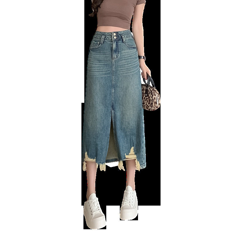 Damen Denimrock Langer Rock mit Seitenschlitz und Fransen Saum