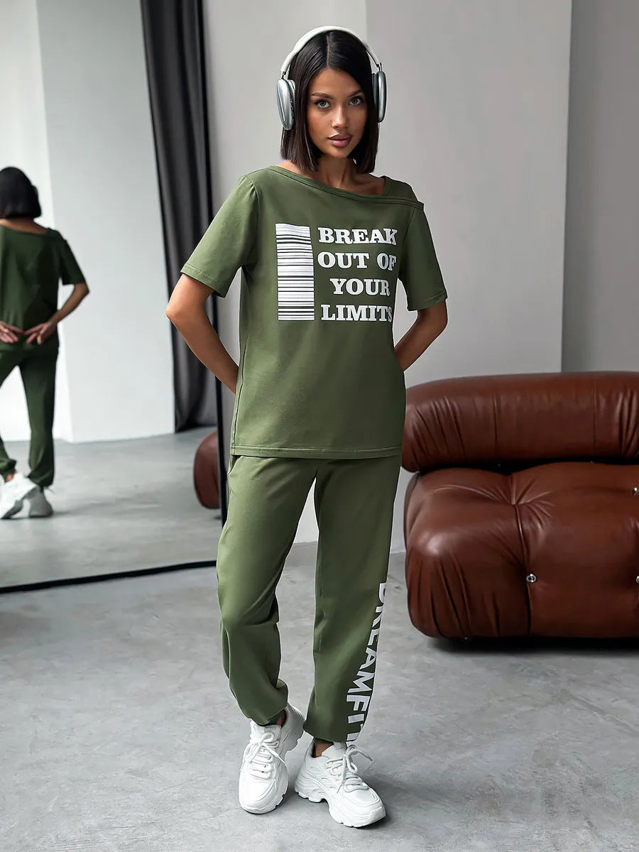 Damen Lounge-Anzug Sportlich Cut-Out-Ärmel Statement-Druck