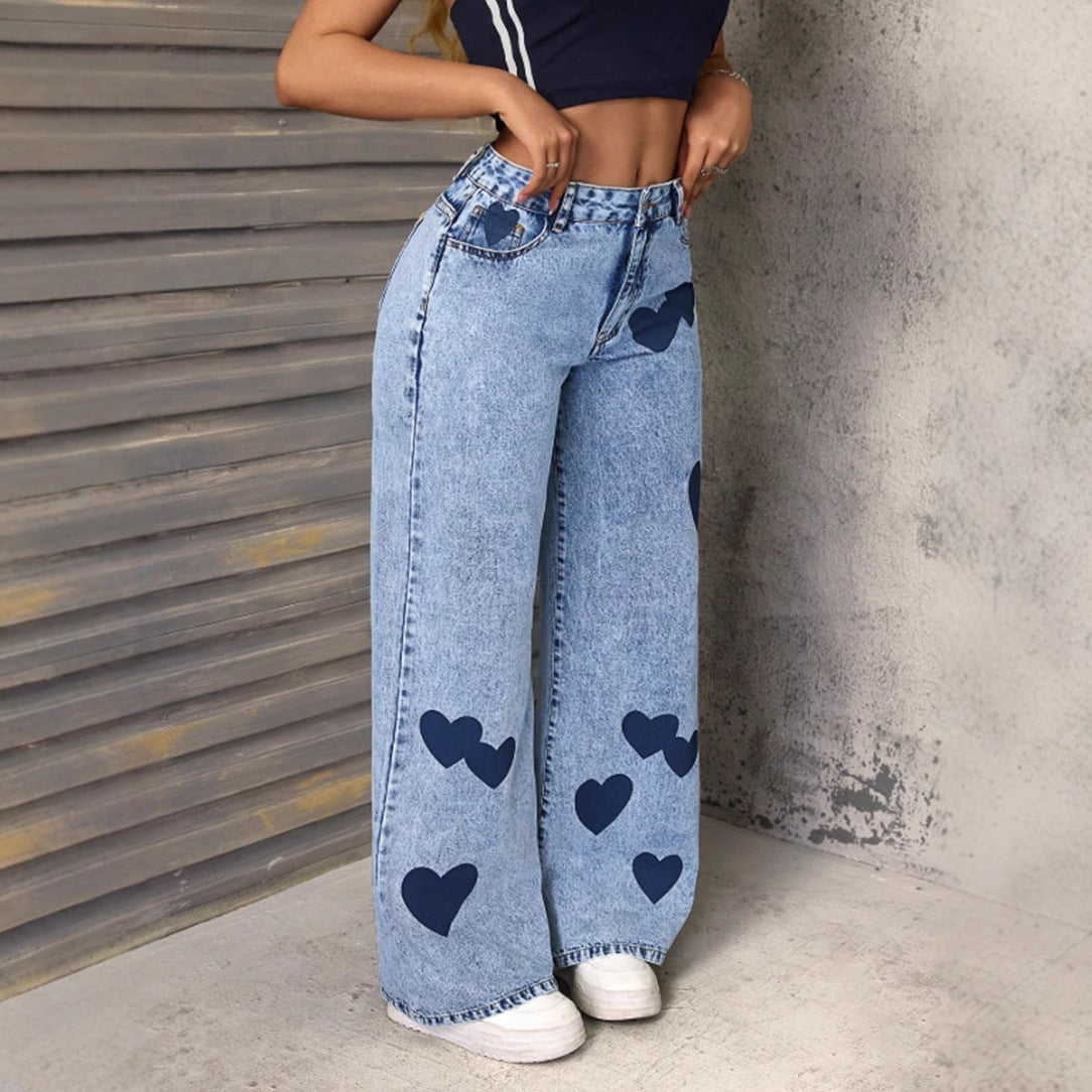 Damen Weite Jeans Herzen-Applikationen Norvielle