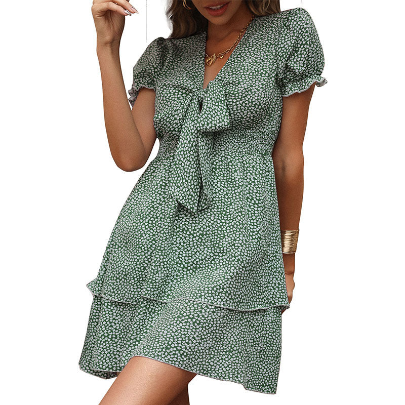 Damen Kleid Kurzarm Rüschen Schleife Norvielle