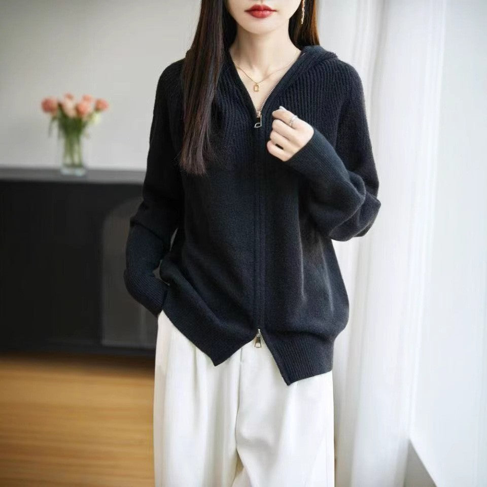 Damen Kapuzenjacke Feinrippstrick Eleganter Reißverschluss