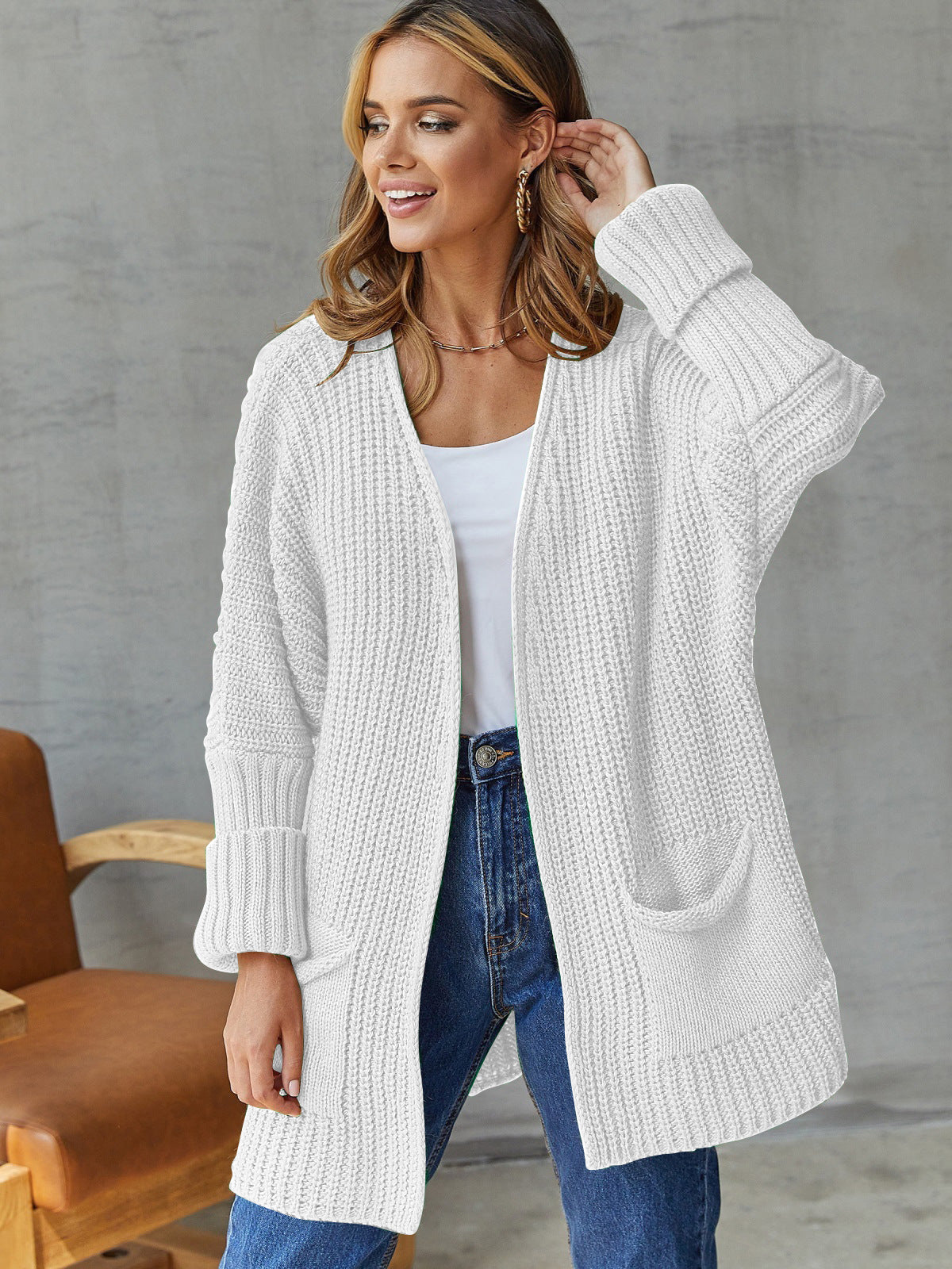 Damen Strickjacke Offene Front Große Taschen Norvielle