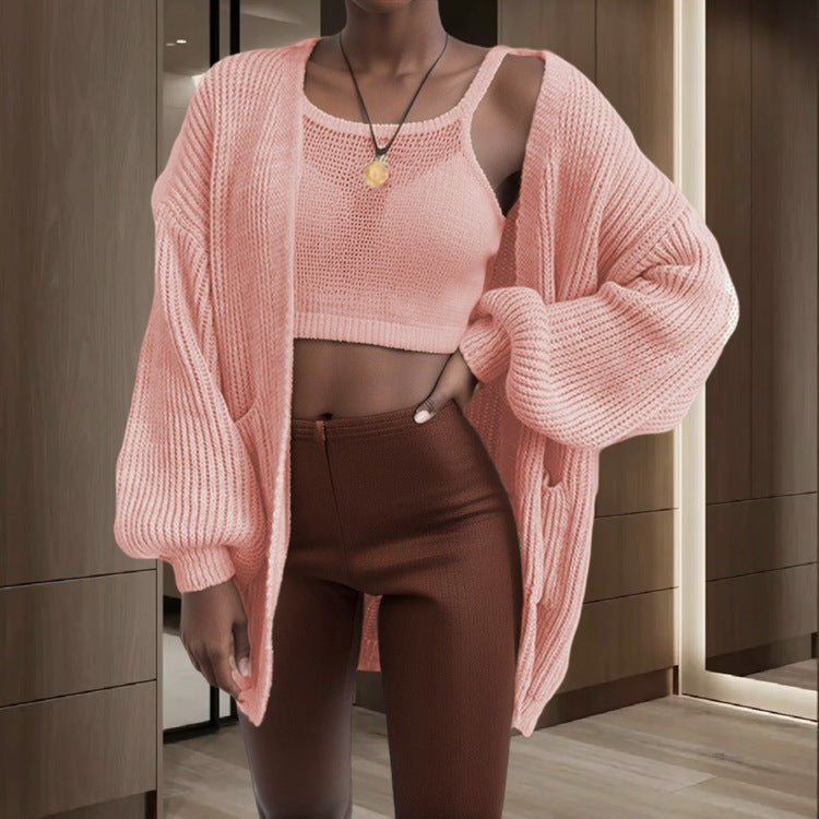 Damen Grobstrick-Cardigan Voluminöse Ärmel Praktische Taschen