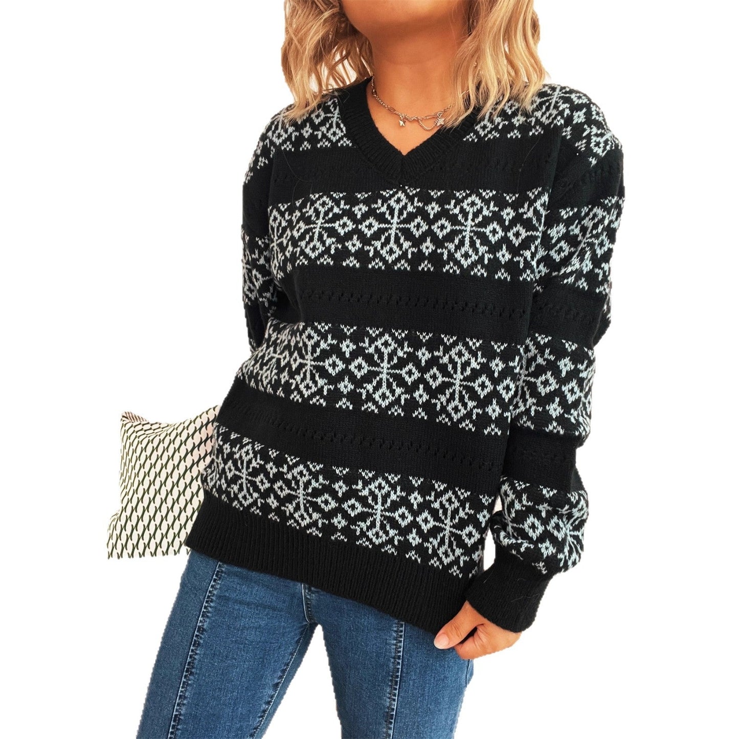 Damen Grobstrickpullover Schneeflockenmuster Norvielle