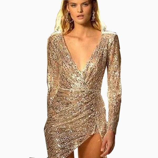 Damen Paillettenkleid tiefes V mit schimmerndem Unterrock