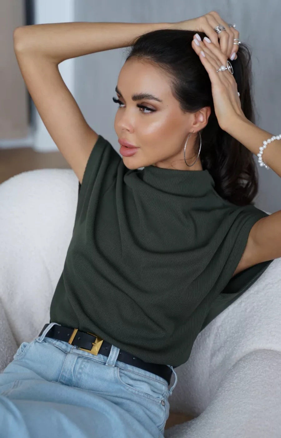 Damen Kurzarm-Shirt Hochkragen Elegantes Design