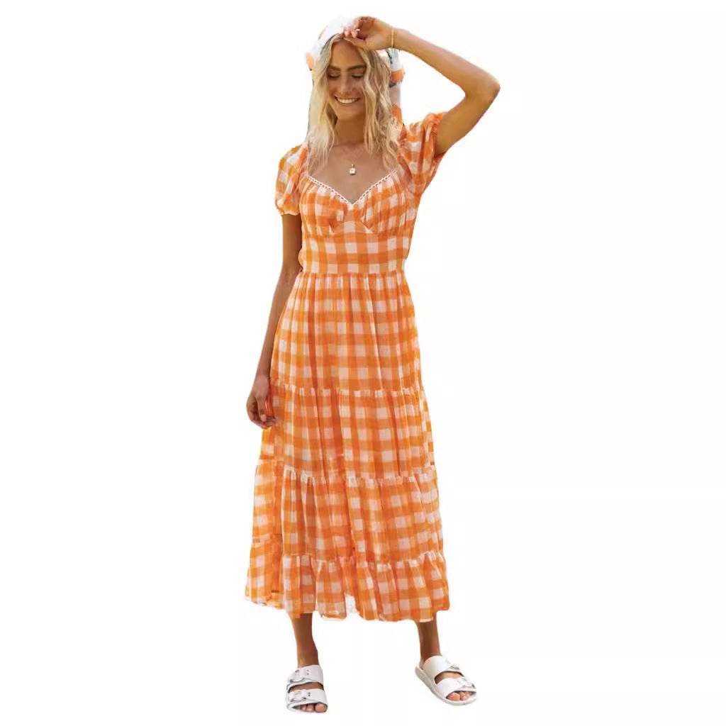 Damen Maxi-Kleid Rüschen Karomuster