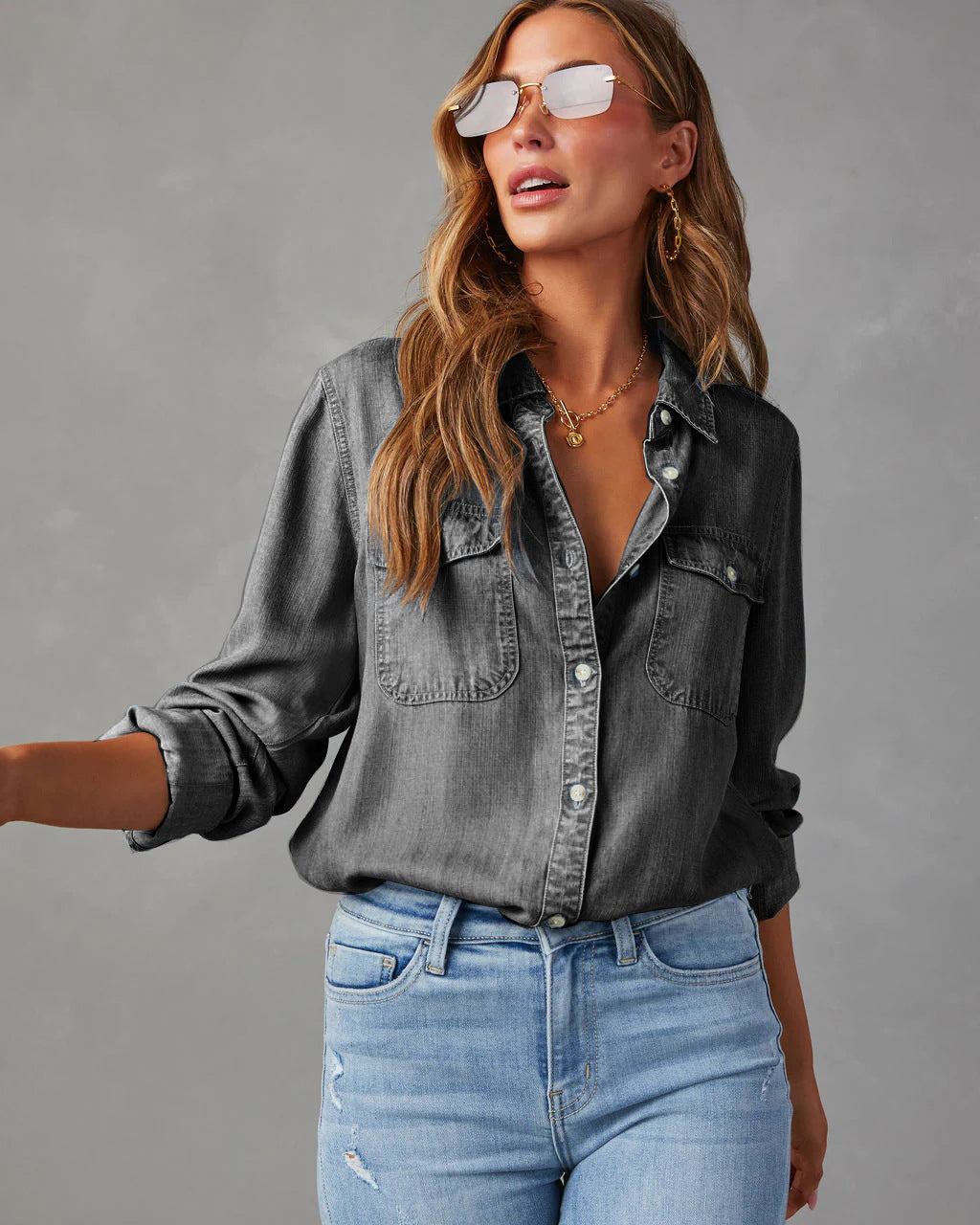 Damen Jeanshemd mit Brusttaschen Baumwolle Lässig