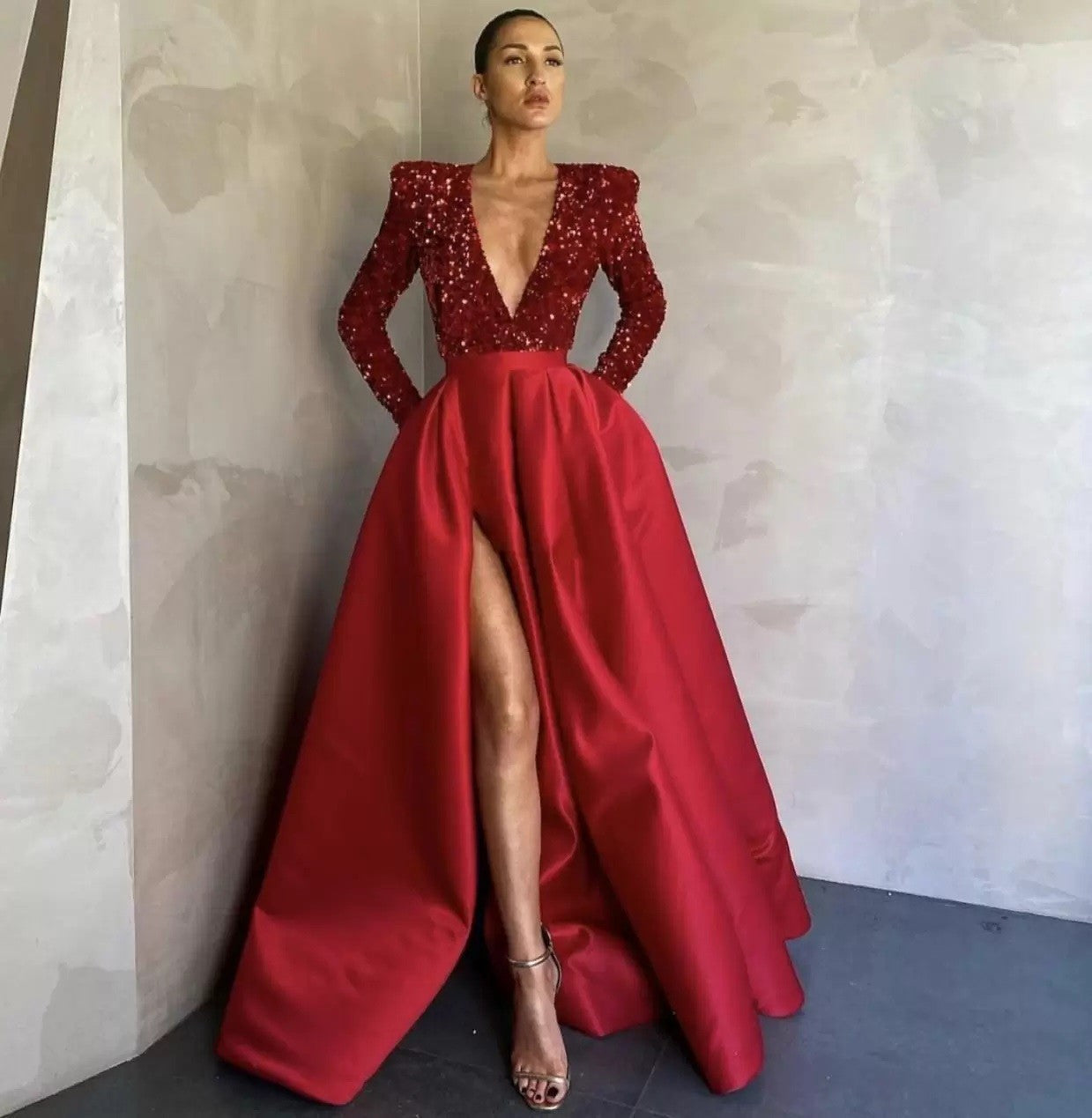 Damen Abendkleid V-Ausschnitt Glitzer Norvielle