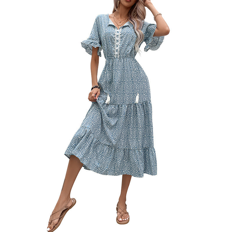 Damen Maxikleid Voluminöser Rock Spitzenakzente Norvielle