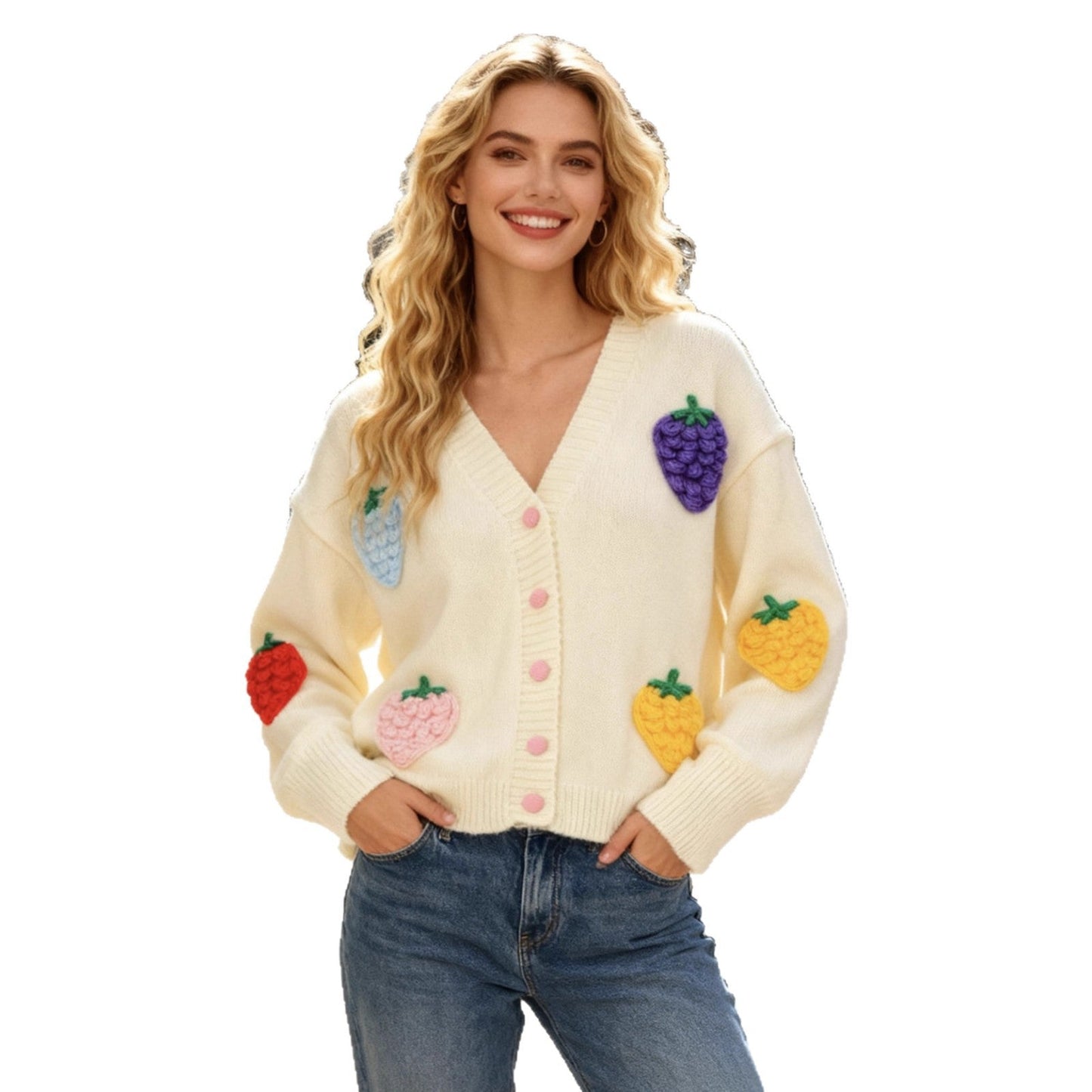 Damen Strickjacke Bunt Fruchtmotiv Norvielle