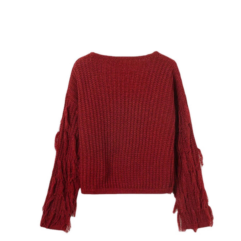 Damen Strickpullover mit Fransen Ärmeln und Komfortschnitt