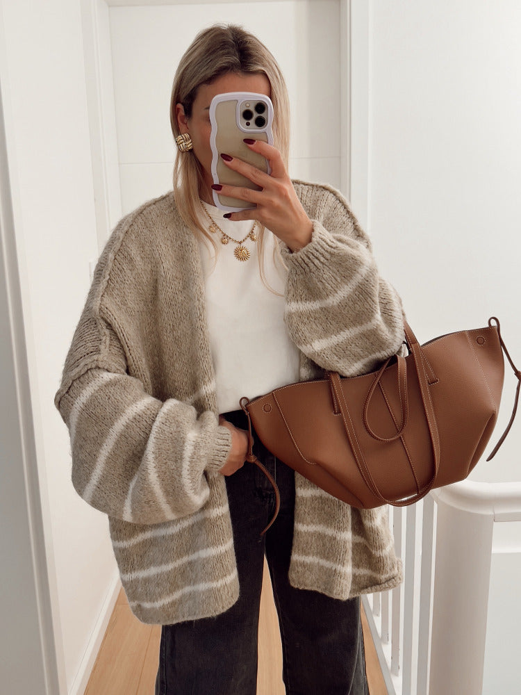 Damen Strickjacke Streifenmuster Weite Ärmel Beige