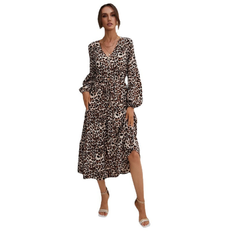 Damen Maxikleid Leopardenmuster Taillengürtel
