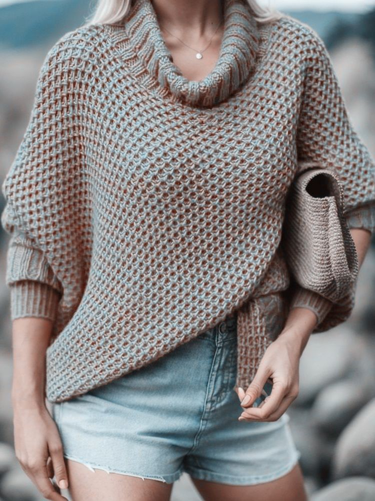 Damen Strickpullover Hochkragen Strukturiert Beige