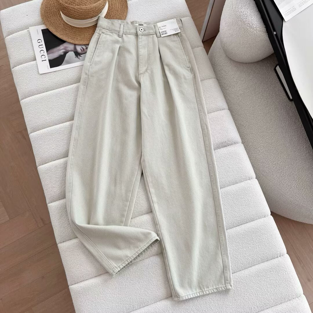 Damen Chino-Hose Weite Passform Hochwerder Bund Praktische Taschen