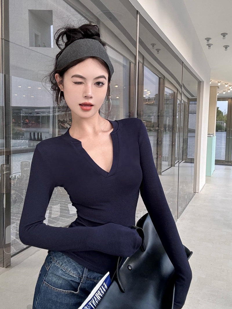 Damen Langarmshirt V-Ausschnitt Figurbetonter Stoff Norvielle