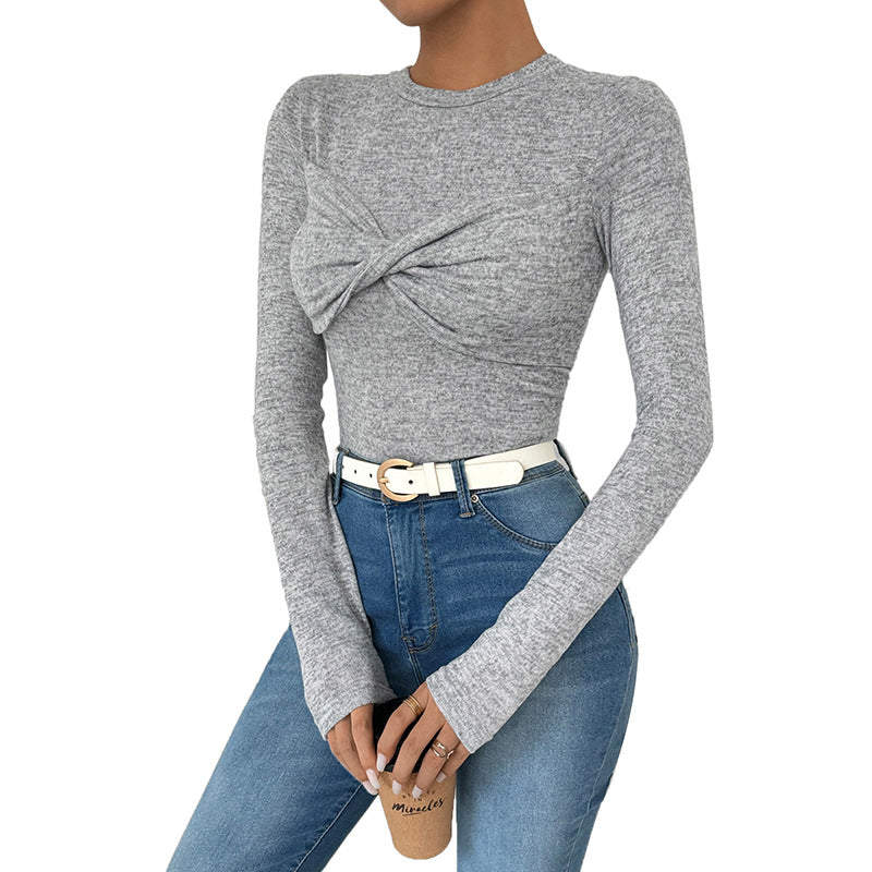 Damen Langarmshirt Asymmetrischer Knoten Look Baumwolle Weiß