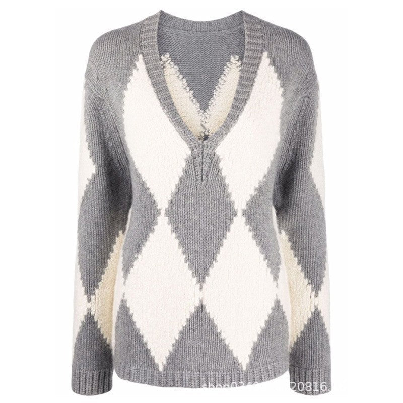 Damen Strickpullover V-Ausschnitt Zickzackmuster Norvielle