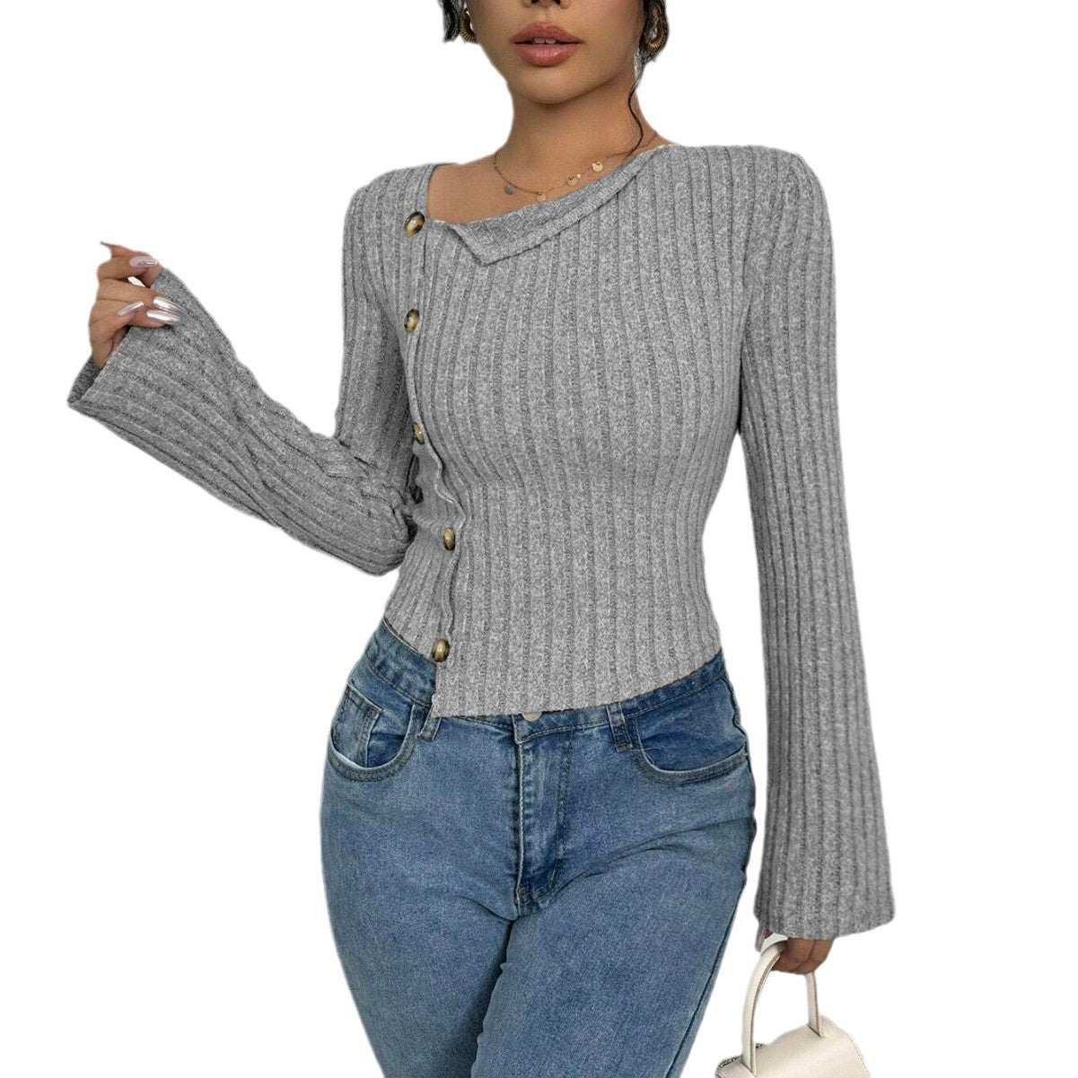 Damen Pullover Asymmetrischer Ausschnitt Knöpfe Norvielle