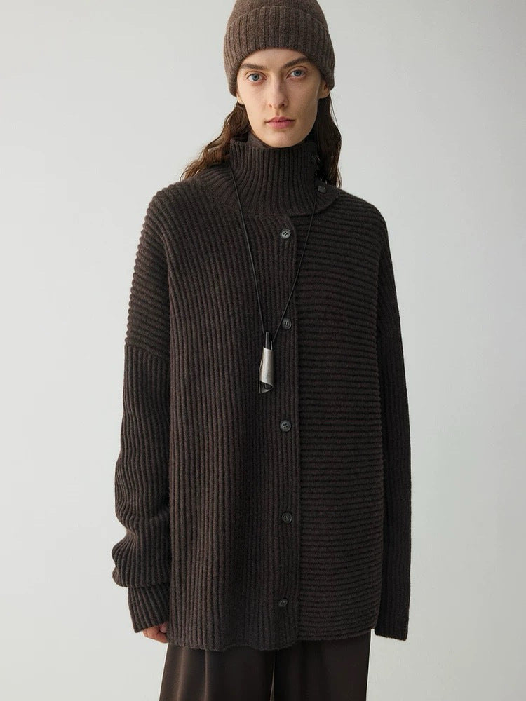 Damen Grobstrickcardigan Hochkragen Knopfleiste Norvielle