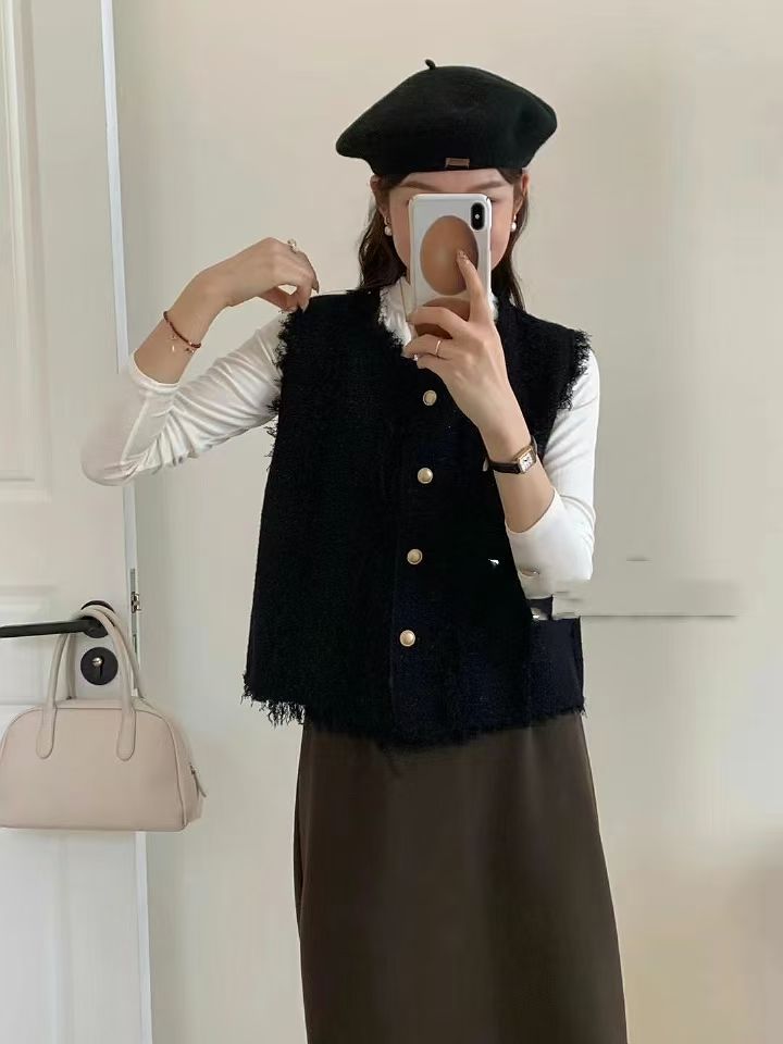 Damen Strickweste Stufenlos Mit Knöpfen und Fransen Beige