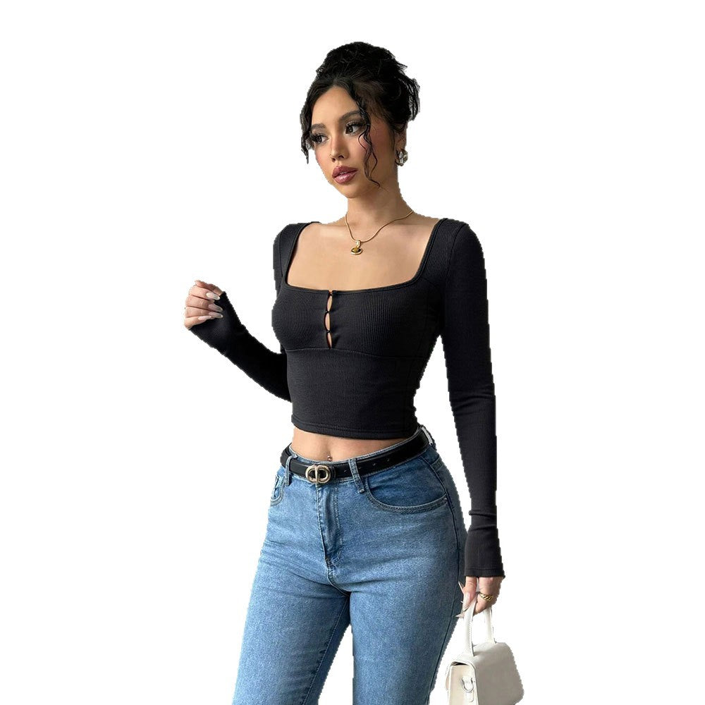 Damen Langarm Crop Knopfverziert Norvielle