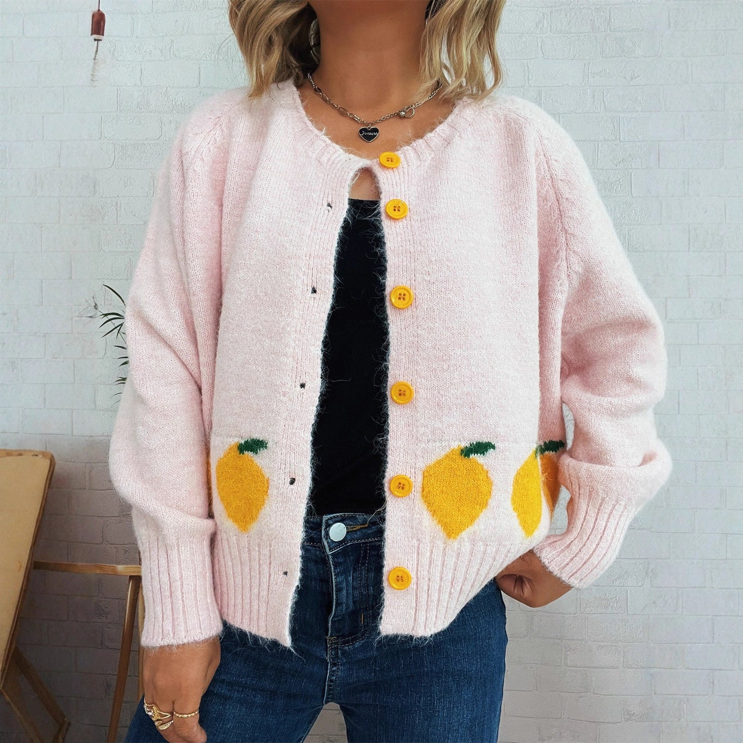 Damen Strickjacke Zitronen-Motiv Bunt Norvielle