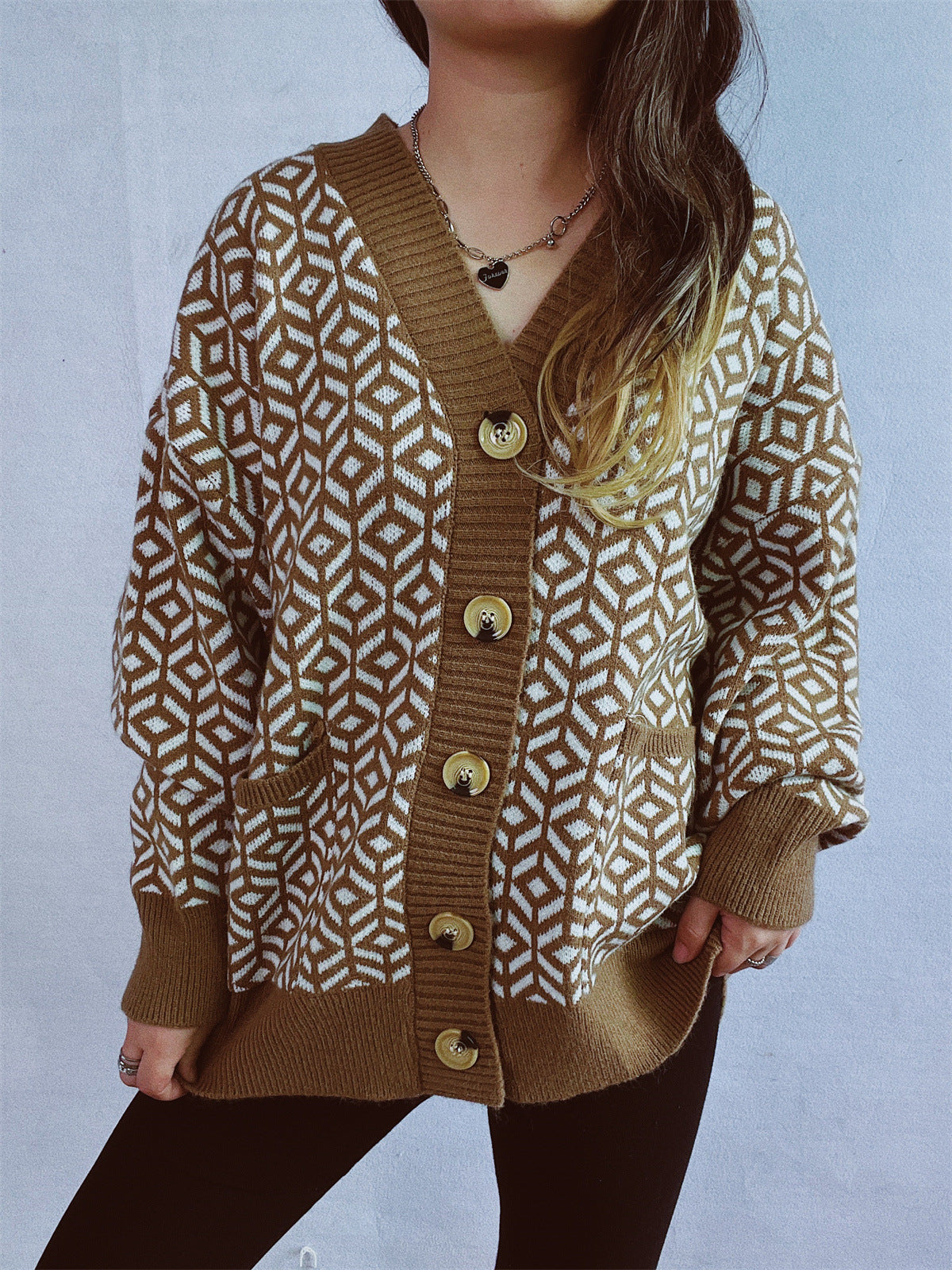 Damen Strickjacke Geometrisches Muster Goldton Norvielle