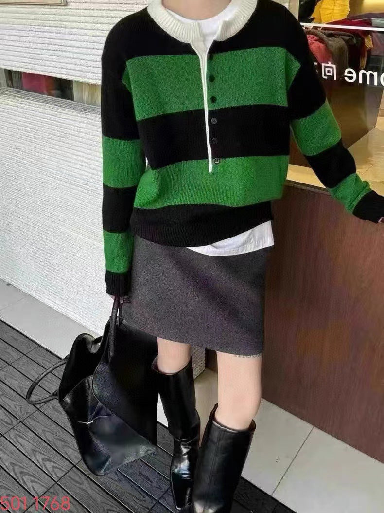 Damen Strickpullover Kurzärmelig Knopfleiste Kontraststreifen
